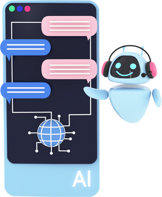 Robot answering questions in chatbot application. Dialog between artificial intelligence assistant and user in online service. Using AI and neural network concept. 3d render image.